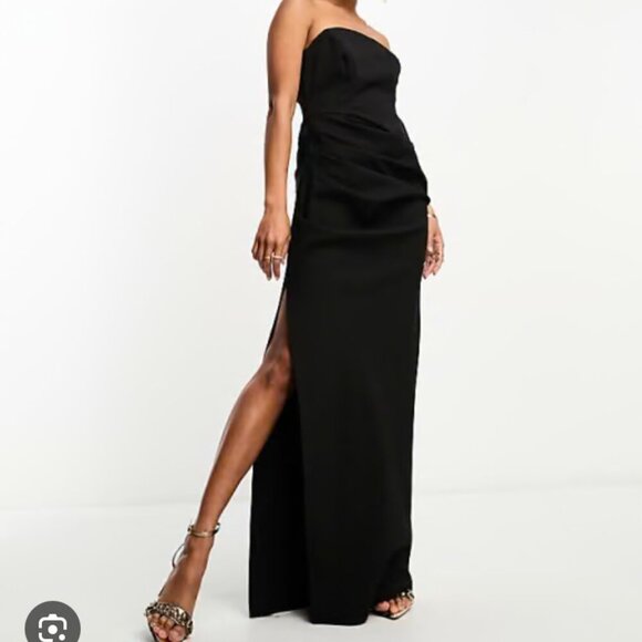 NWT ASOS black bandeau maxi dress Womens 10 ruched skirt side slit formal party - Picture 1 of 12